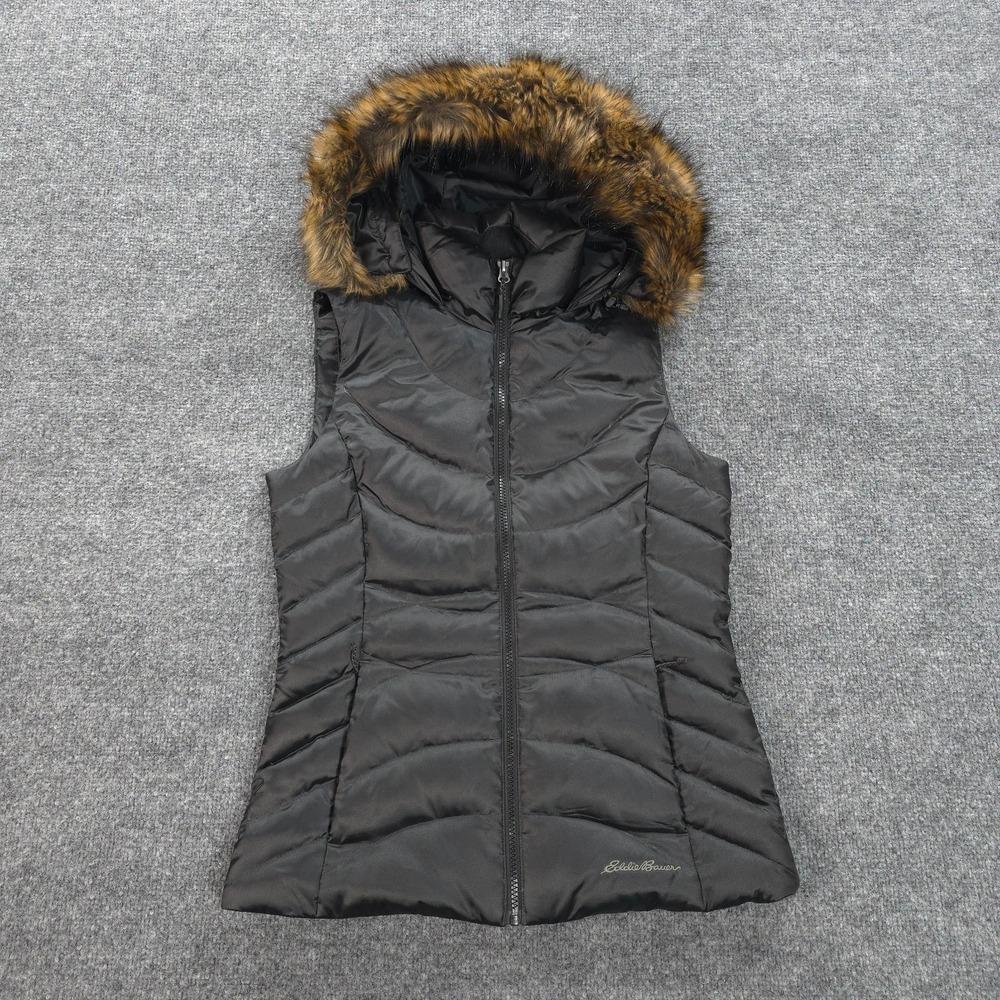 Eddie Bauer Vest Womens XS Black Quilted Down Puffer‎ Fur Hiking Camp Outdoors